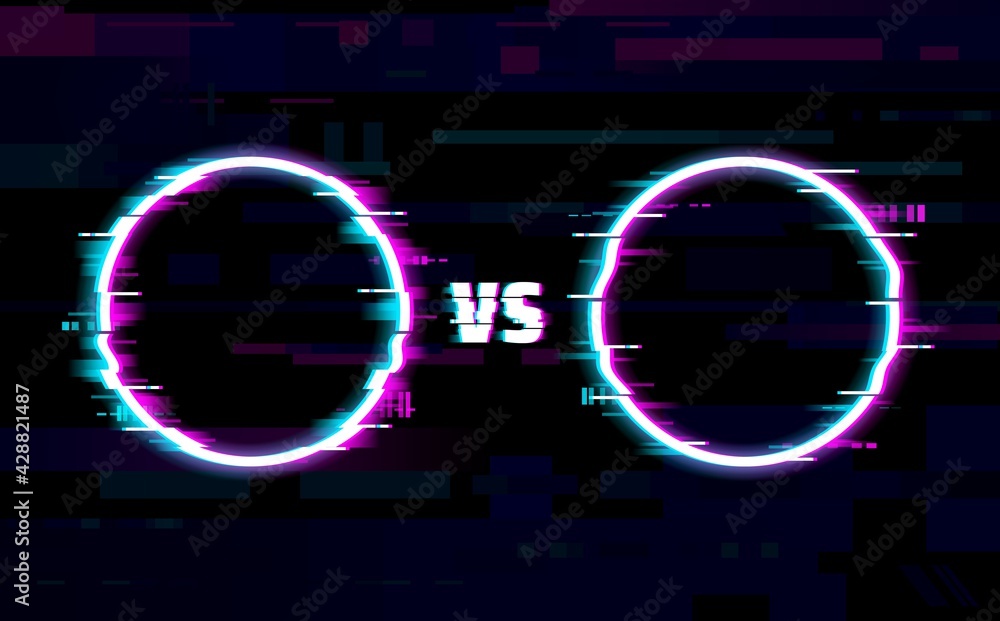 Poster versus battle glitch round frames with vector neon borders of distorted pixels on digital noise back