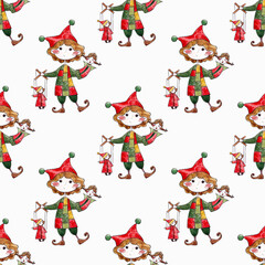 seamless watercolor pattern world theater day. puppeteer and puppets on white background