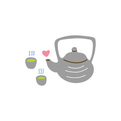 A doodle of a teapot and two cups. Tea time or ceremony concept. Cute illustration.