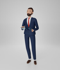 Businessmen characters working with transparent tablet pc computer