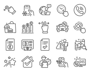 Technology icons set. Included icon as Refrigerator app, Education, Car leasing signs. Approved checklist, Graph chart, Call center symbols. Technical info, Touchscreen gesture, Drag drop. Vector