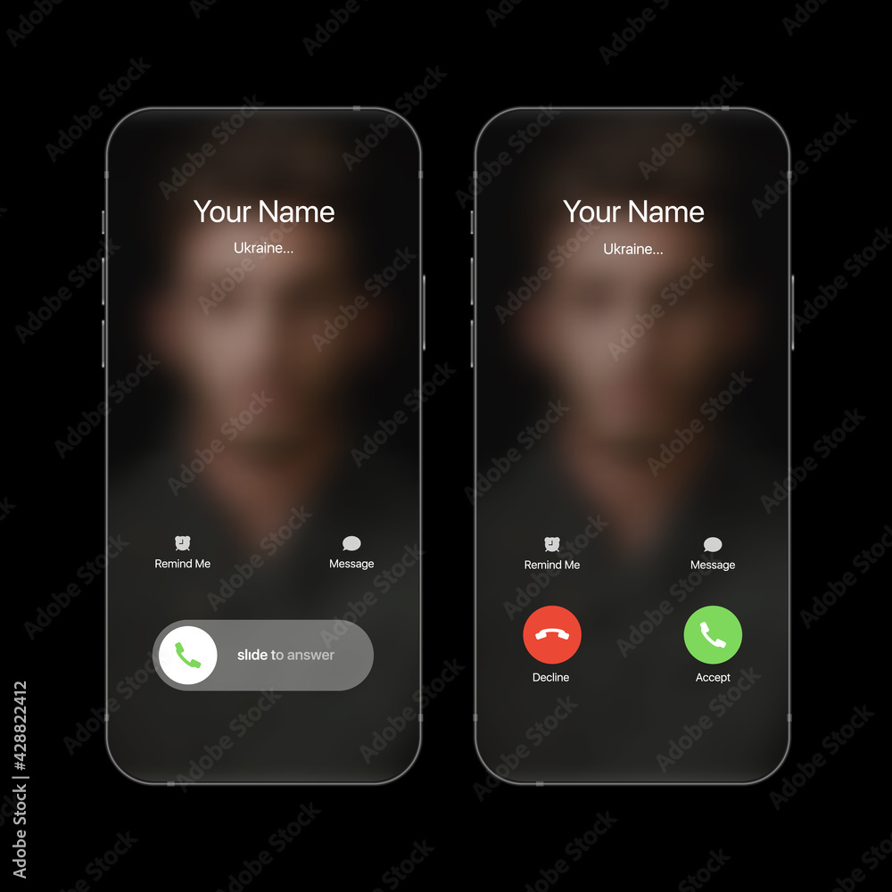 Aufkleber iphone call screen concept ui set with realistic blurry background. incoming call screen template