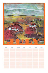 Universal calendar template with original acrylic landscape painting