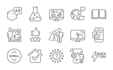 Settings blueprint, Augmented reality and Scroll down line icons set. Chemistry lab, Mobile like and Seo statistics signs. Touch screen, Book and Quickstart guide symbols. Line icons set. Vector