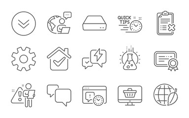 Fototapeta premium Mini pc, Project deadline and Scroll down line icons set. Web shop, Lightning bolt and Reject checklist signs. Quick tips, Service and Speech bubble symbols. Line icons set. Vector