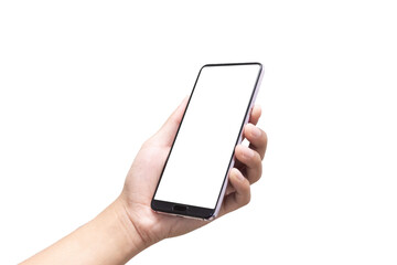 Hand holding mobile phone with blank screen on white background. Isolated.