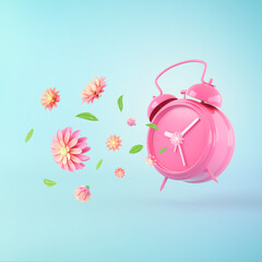 Pink Clock with colorful summer flowers and green leaves against pastel blue background. Advertisement idea. Minimal nature concept. 3d render