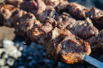 The meat is fried over an open fire. Shish kebab on skewers
