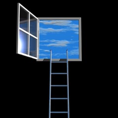 eine Leiter lehnt an einem geöffneten Fenster