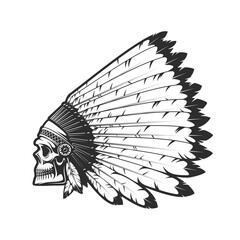 Indian chief skull in indigenous headdress of eagle feathers, dead head vector tattoo. Western and native American tribes culture symbol, Indian chief warrior monochrome isolated head