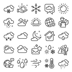 Obraz premium Weather and forecast line icons. Cloudy sky, winter snowflake, thermometer. Moon night, rain and sunset icons. Weather temperature, meteorology forecast and wind, thunder bolt. Line icon set. Vector