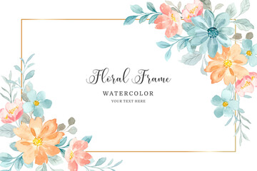 Watercolor floral frame. Green pink flower background