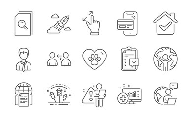 Global business, Fireworks rocket and Search files line icons set. Touchscreen gesture, Businessman and Communication signs. Online shopping, Checklist and Internet documents symbols. Vector
