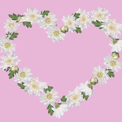 Beautiful heart shape made with white flowers and leaves arrangement on pastel pink background.