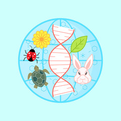 DNA icon surrounded with plant and animal symbols on the globe background as a gimmick of biodiversity. Vector illustration outline flat design style.
