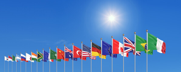 Waving flags countries of members Group of Twenty. Big G20, in Rome, the capital city of Italy, on 30&ndash;31 October 2021. 3d Illustration. Isolated on sky background.