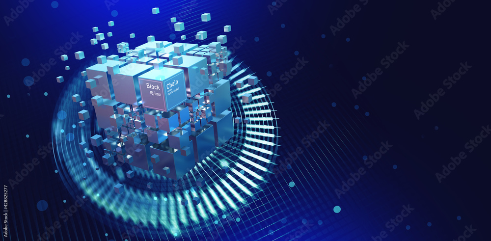 Poster Blockchain abstract concept. Hi-tech Square blocks are collected in a cubic array against background of information fields. 3d illustration of Artificial intelligence learnability