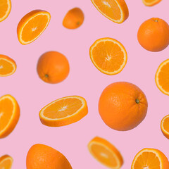 Minimal idea with fresh orange sliced on pastel pink background, minimal fruit concept.