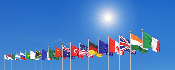 Waving flags countries of members Group of Twenty. Big G20, in Rome, the capital city of Italy, on 30–31 October 2021. 3d Illustration. Isolated on sky background.