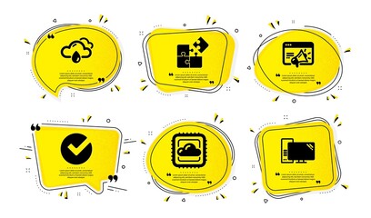 Cloud computing, Verify and Rainy weather icons simple set. Yellow speech bubbles with dotwork effect. Puzzle, Seo marketing and Computer signs. Computer storage, Selected choice, Rain. Vector