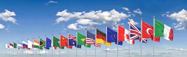 Waving flags countries of members Group of Twenty. Big G20, in Rome, the capital city of Italy, on 30–31 October 2021. 3d Illustration. Isolated on sky background.