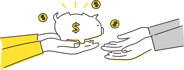 貯金箱を手渡すシンプルなイラスト、白背景、ベクターイラストレーション