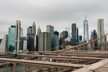 Fototapeta na wymiar View of the Manhattan skyline from the Brooklyn Bridge, in New York City