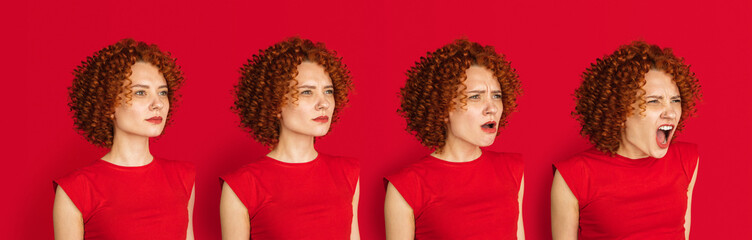 Evolution of emotions. Caucasian woman's portrait isolated over red studio background with copyspace