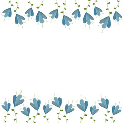 Fototapeta na wymiar Beautiful cute floral frame for greeting card design. Blue summer or spring bright flowers in flat style. Mother's Day, March 8, Birthday. Concept for wedding invitations. Many flowers grow in a row.