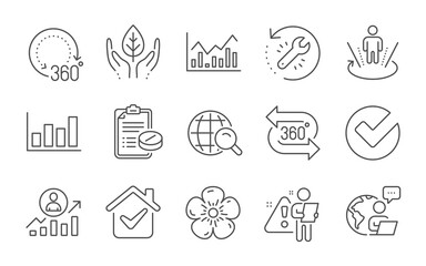 Infochart, 360 degrees and Report diagram line icons set. Medical prescription, Career ladder and Verify signs. Internet search, Augmented reality and 360 degree symbols. Line icons set. Vector