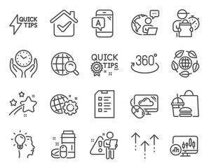 Science icons set. Included icon as Internet search, Swipe up, Safe time signs. Ab testing, Idea, Cloud computing symbols. Quick tips, Seo gear, Candlestick chart. Eco organic, Checklist. Vector