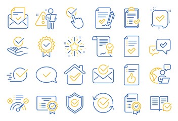 Approve line icons. Set of Checklist, Certificate and Award medal icons. Certified document, Accepted approve and Confirm mail. Guarantee, Check mark and Correct agreement. Checklist document. Vector