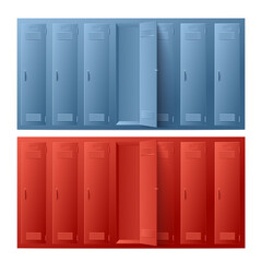 Blue and red metal school or gym lockers for storage of personal things.