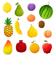 Natural farm, orchard ripe fruits set. Lemon, pear and plume, watermelon, orange and pineapple, banana, kiwifruit and peach, mango, pomegranate and apple, quince, grapefruit cartoon fruits