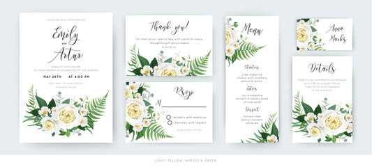 Vector watercolor floral wedding cards set: invite, thank you, menu, rsvp template. Yellow white roses, camellia flowers, dusty eucalyptus, green forest fern leaves, herbs botanical bouquet decoration