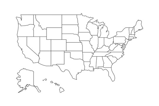 USA vector map contour with federal states borders. United States of America country outline silhouette isolated on white background. Vector Illustration for web, design, infographics, app, poster