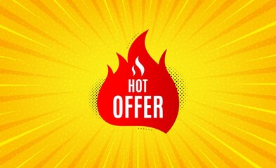 Hot offer banner. Yellow background with offer message. Discount sticker shape. Coupon tag icon. Best advertising coupon banner. Hot offer badge shape. Abstract background. Vector