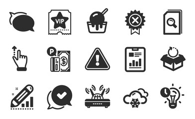Ice cream, Approved and Talk bubble icons simple set. Report document, Snow weather and Parking payment signs. Search files, Touchscreen gesture and Time management symbols. Flat icons set. Vector