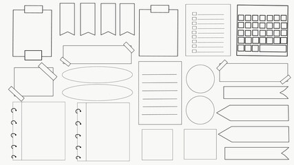 Bullet journal hand drawn vector elements for notebook, diary and planner. Days of week, notes, list, frames, dividers, corners, ribbons.