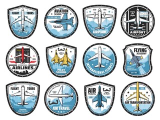Aviation and airplanes vector icons. Modern planes flying in sky, flight tours. Transportation, aviation school and airports. Airlines service and flights, aviators and fliers academy symbols