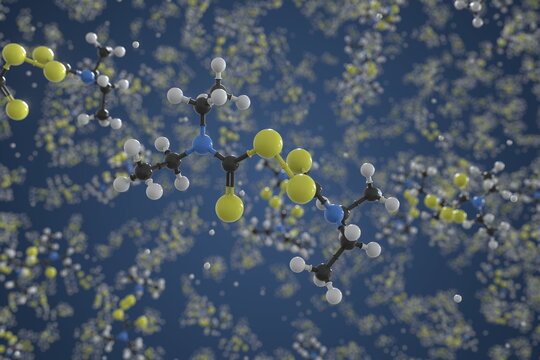 Molecule of disulfiram, ball-and-stick molecular model. Scientific 3d rendering