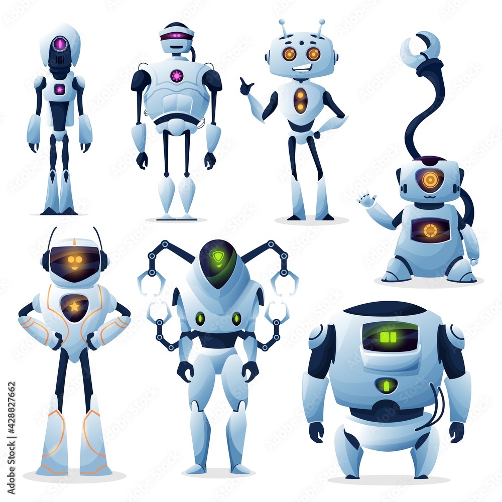 Leinwandbilder cartoon robots, cyborg androids and robotic ai creatures vector characters. ai and droids, robo tech