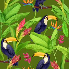 Toucan seamless pattern, tropical jungle vector texture, exotic bird, summer flower, rainforest banana leaf. Wildlife floral Amazon nature wallpaper, paradise Brazil backdrop. Botanical toucan pattern © Oleksandra