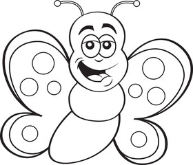 Black and white illustration of a smiling butterfly.