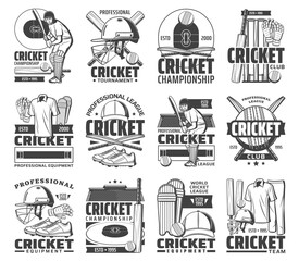 Cricket sport game vector icons. Cricket tournament and club, player equipment and clothing monochrome vintage emblems. Playing field, batsman in protective clothing holding a bat