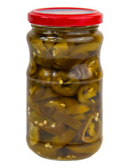 Marinated jalapeno pepper in glass can isolated on the white background