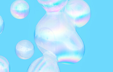 Abstract 3d art background. Holographic floating liquid blobs, soap bubbles.