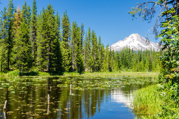 Fototapeta na wymiar Majestic mountain lake with Mount Hood background in Canada.