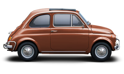 Small retro car of brown color, side view isolated on a white background.