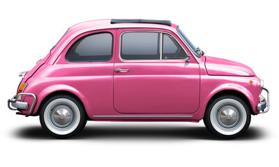 Small retro car of pink color, side view isolated on a white background.